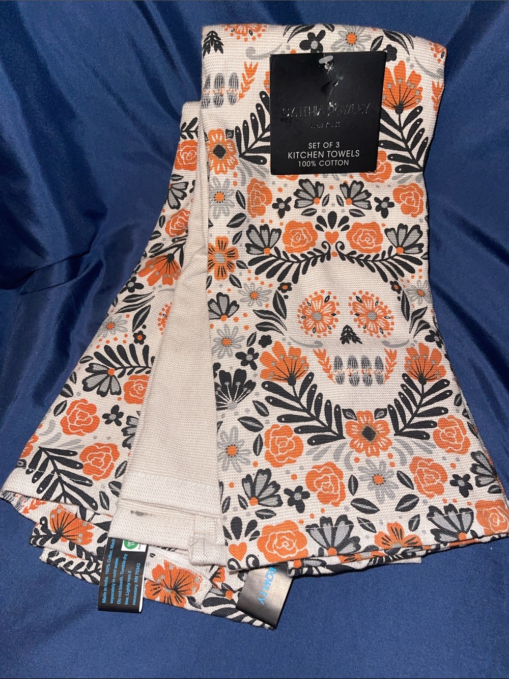 Cynthia Rowley Floral with Sugar Skulls Kitchen Towels - Orange & Black on Cream